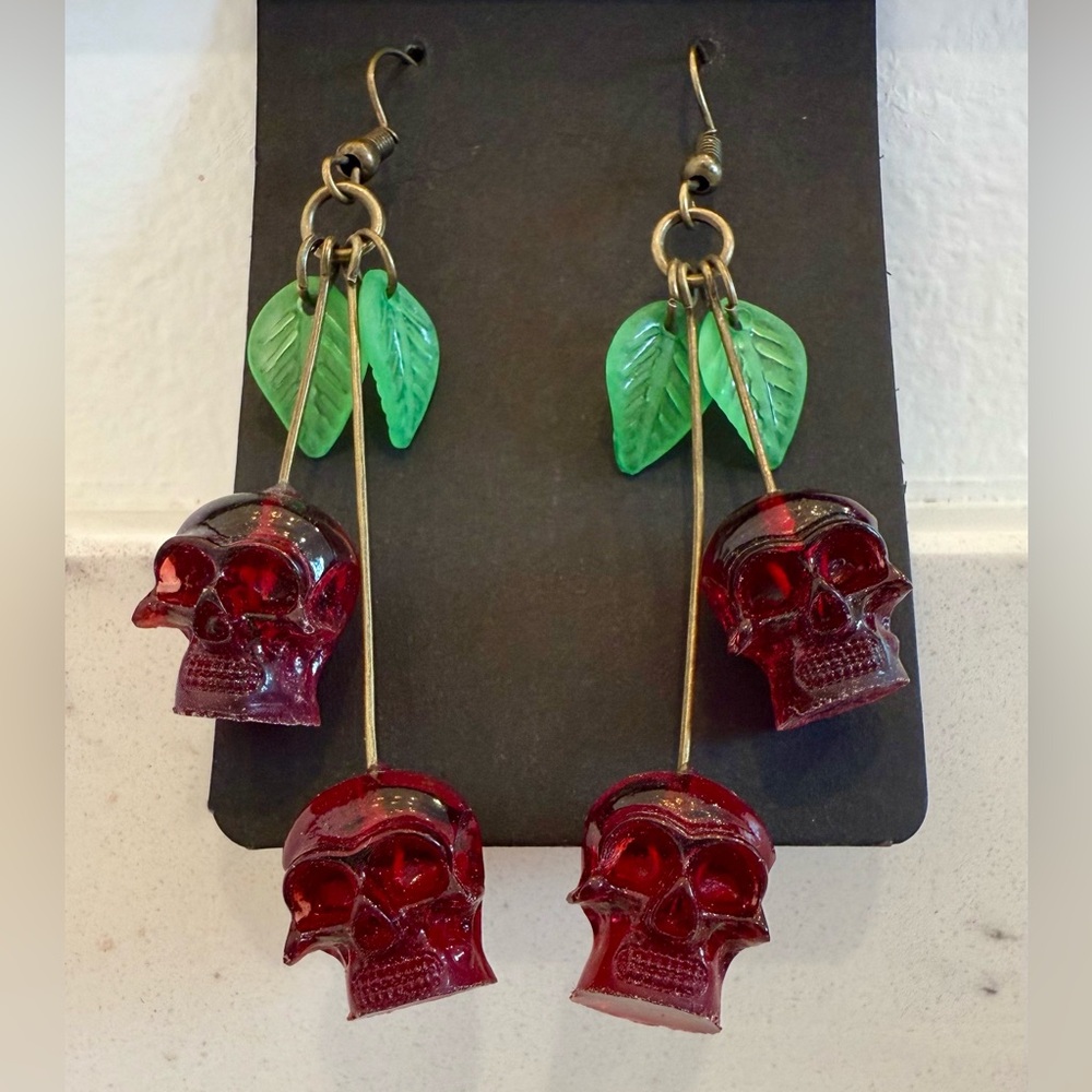 NEW Skull Cherry Drop Dangle Psychobilly Inspired Earrings